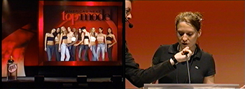Alexis Hudgins as stand-in for UPN president Dawn Ostroff during technical rehearsal of UPN Prime Time Upfront 2003/2004, Madison Square Garden, 2003