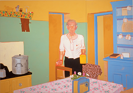Colorful painting of a man in a kitchen with a mug, looking toward the viewer