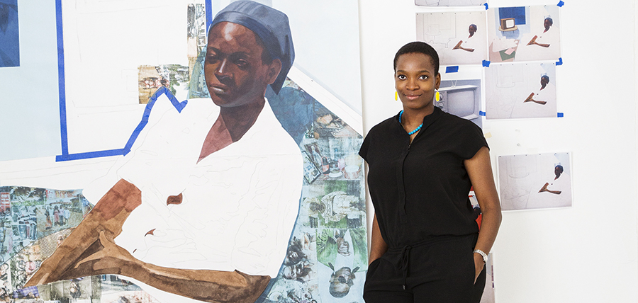 Photo of artist Njideka Akunyili Crosby in her studio.