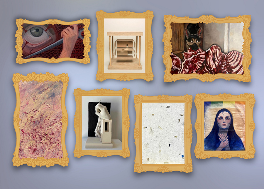 digital compilation of seven artworks each inside a gold frame